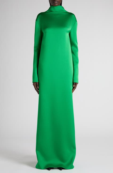 Long Sleeve Shiny Crepe Column Gown