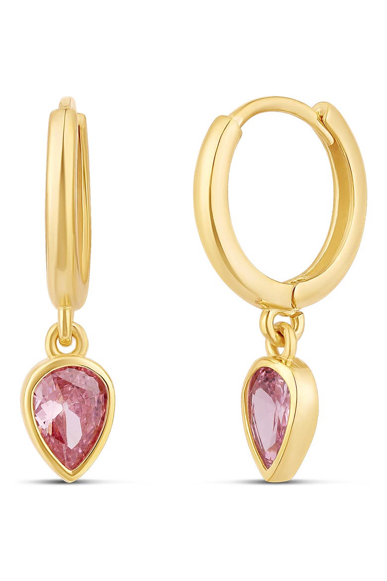 Bezel Pear Drop Huggie Hoop Earrings, Main, color, GOLD/ PINK