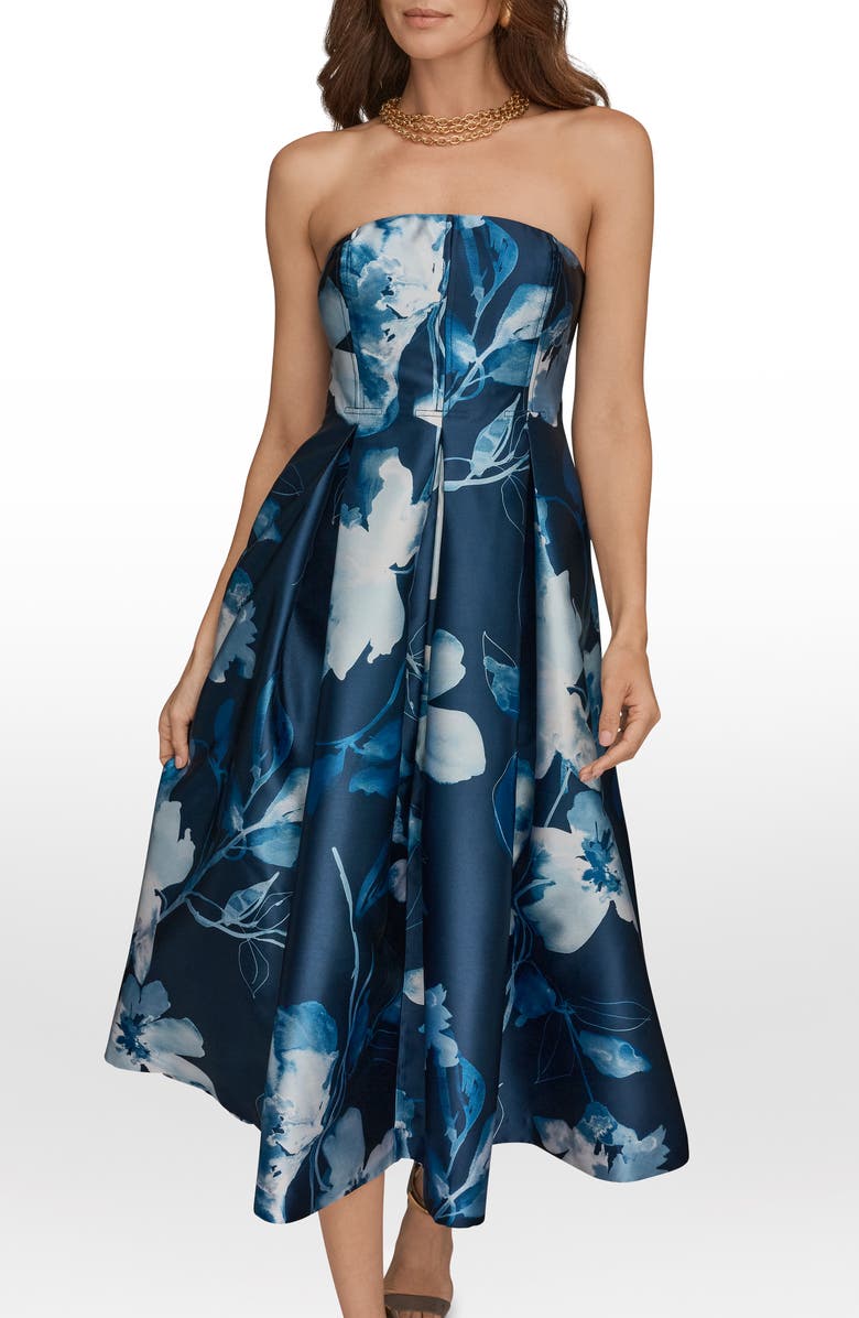 Donna Karan New York Floral Print Fit & Flare Party Dress, Alternate, color, Nightfall/ Washed Indigo Multi