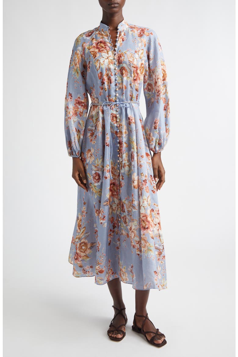 Awaken Long Sleeve Linen Midi Dress, Main, color, CHAMBRAY FLORAL