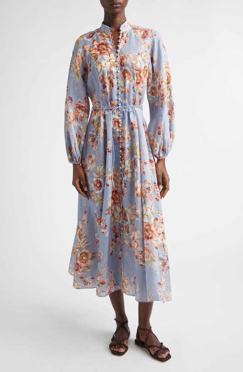 Zimmermann Awaken Long Sleeve Linen Midi Dress, Main, color, Chambray Floral