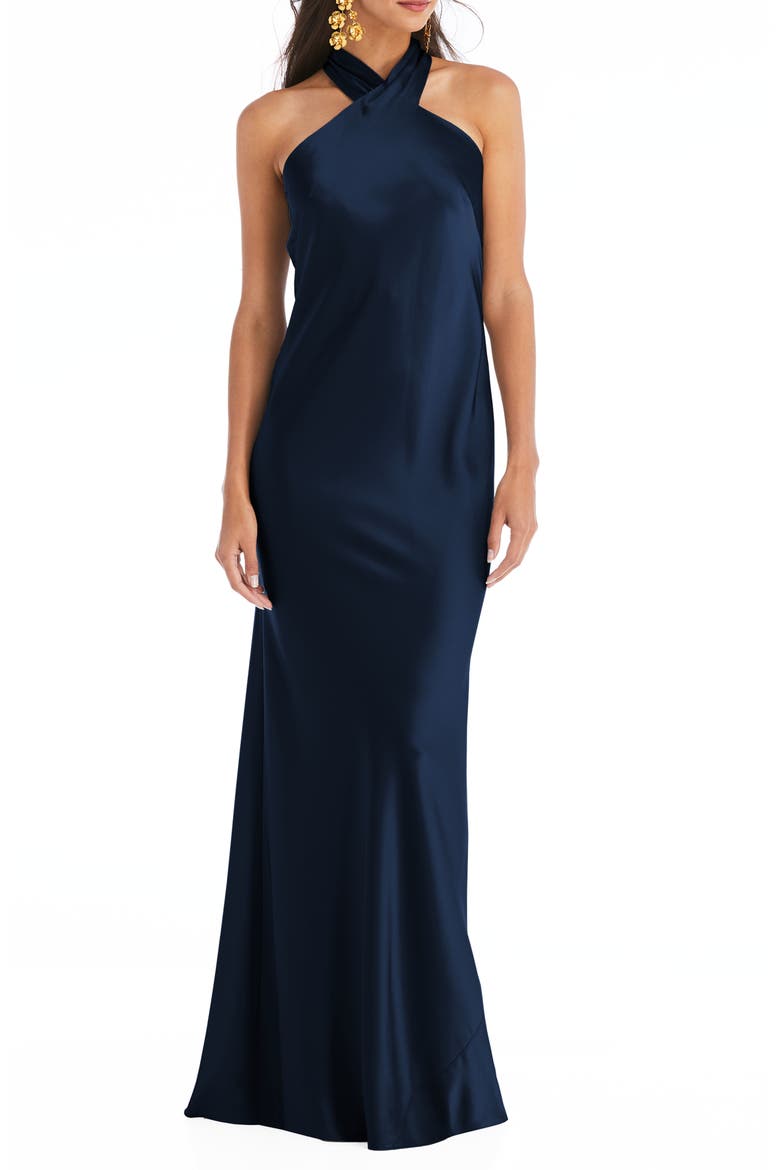 Imogen Twist Halter Charmeuse Trumpet Gown, Main, color, MIDNIGHT