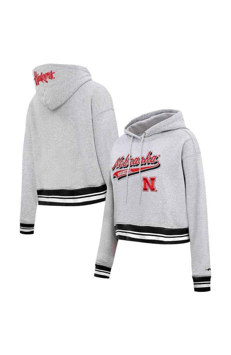 PRO STANDARD Women's Pro Standard Heather Gray Nebraska Huskers Script Tail Fleece Cropped Pullover Hoodie, Main, color, Heather Gray