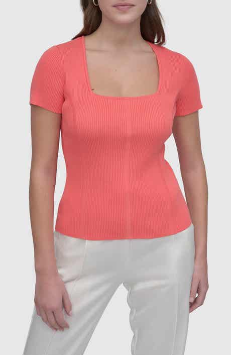 DKNY Square Neck Short Sleeve Cotton Blend Sweater