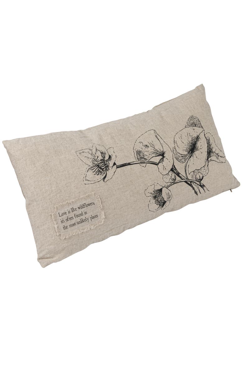 Storied Home 24 Inches Linen Blend Printed Lumbar Pillow with Saying Text, Flowers, and Bird Designs, Main, color, 