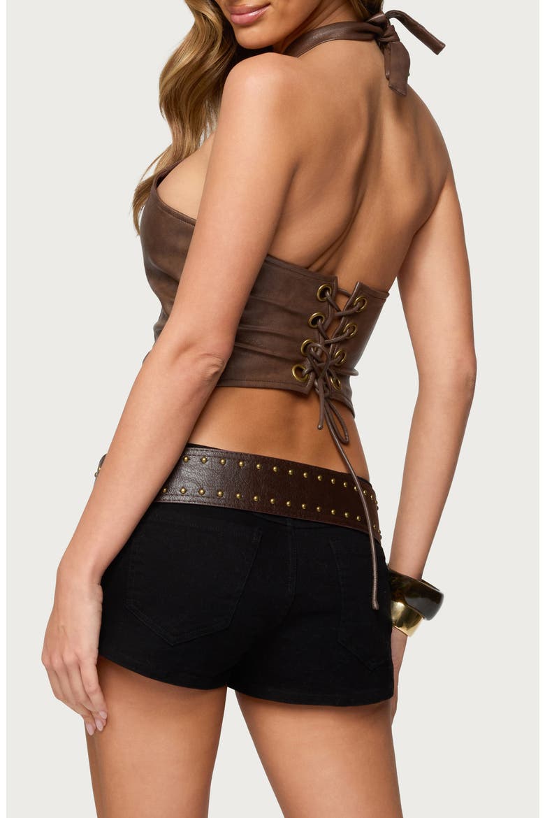 Sandria Ring Faux Leather Crop Top, Alternate, color, BROWN