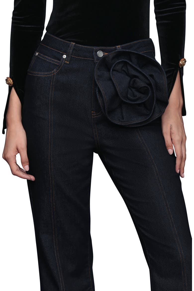 Rosette Detail High Waist Jeans, Alternate, color, DARK RINSE WASH