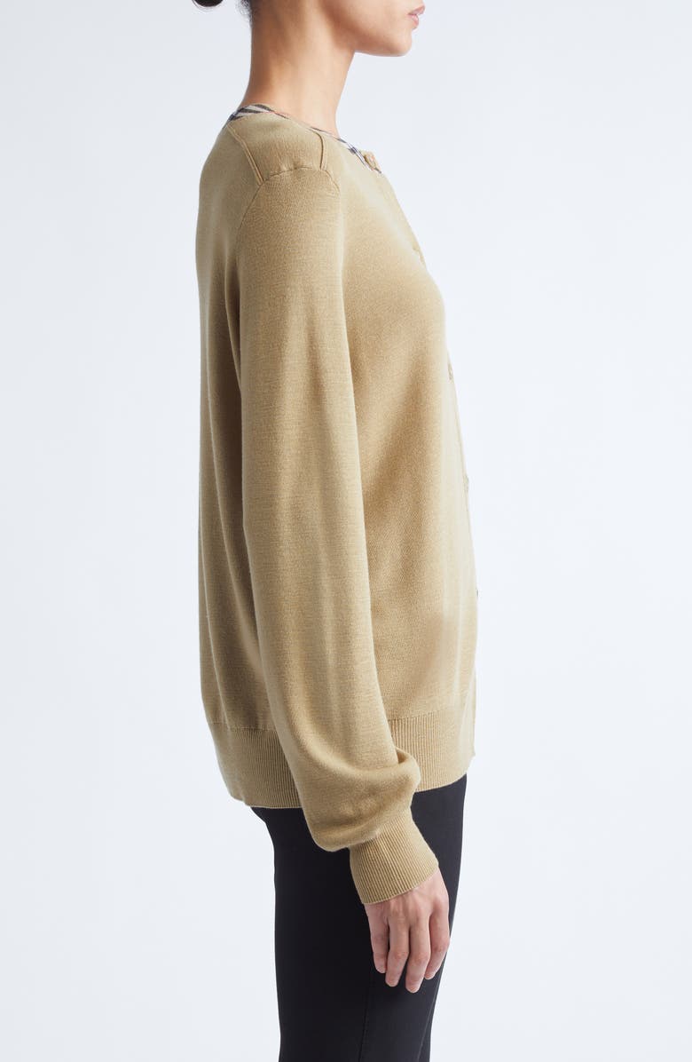 Burberry Check Trim Wool Cardigan, Alternate, color, Flax