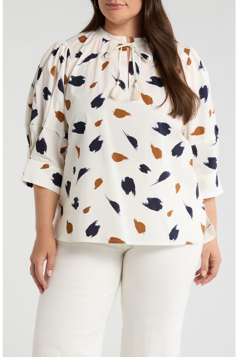 Devania Brush Irina Tie Split Neck Top, Main, color, IVORY/ NAVY-MULTI