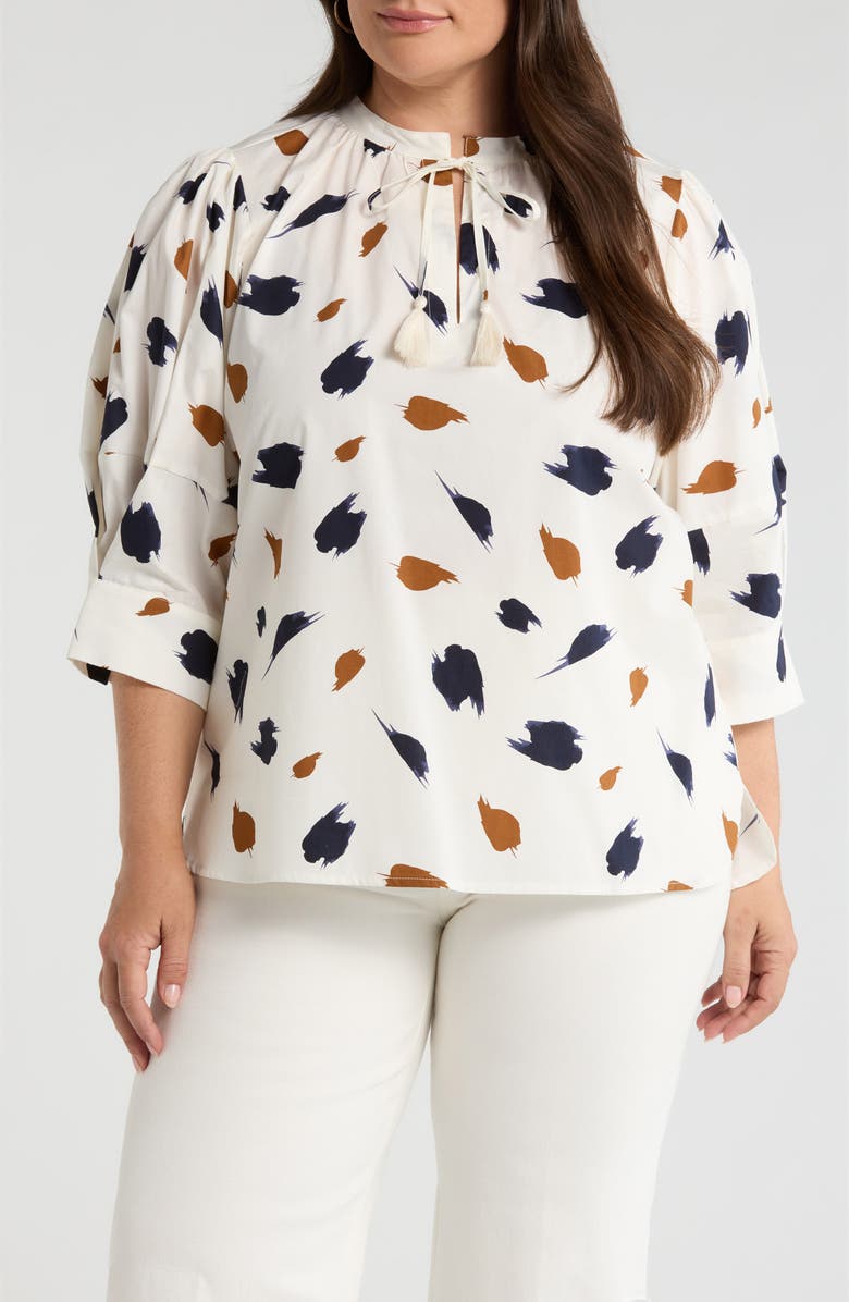 SUGARLIPS Devania Brush Irina Tie Split Neck Top, Main, color, Ivory/ Navy-Multi