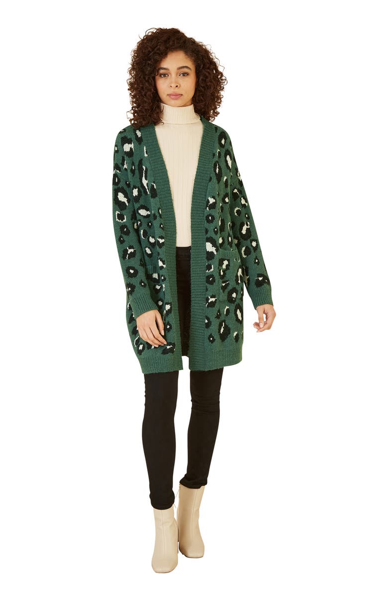 Yumi Animal Intarsia Knit Long Cardigan, Alternate, color, Green