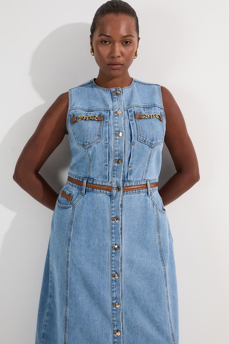 Tipping Sleeveless Midi Denim Dress, Alternate, color, Light Blue