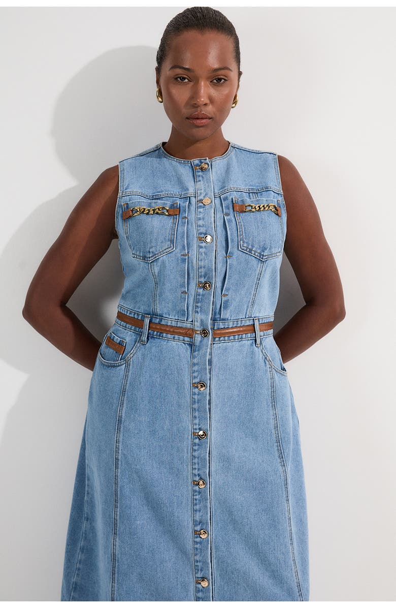 Karen Millen Tipping Sleeveless Midi Denim Dress, Alternate, color, Light Blue