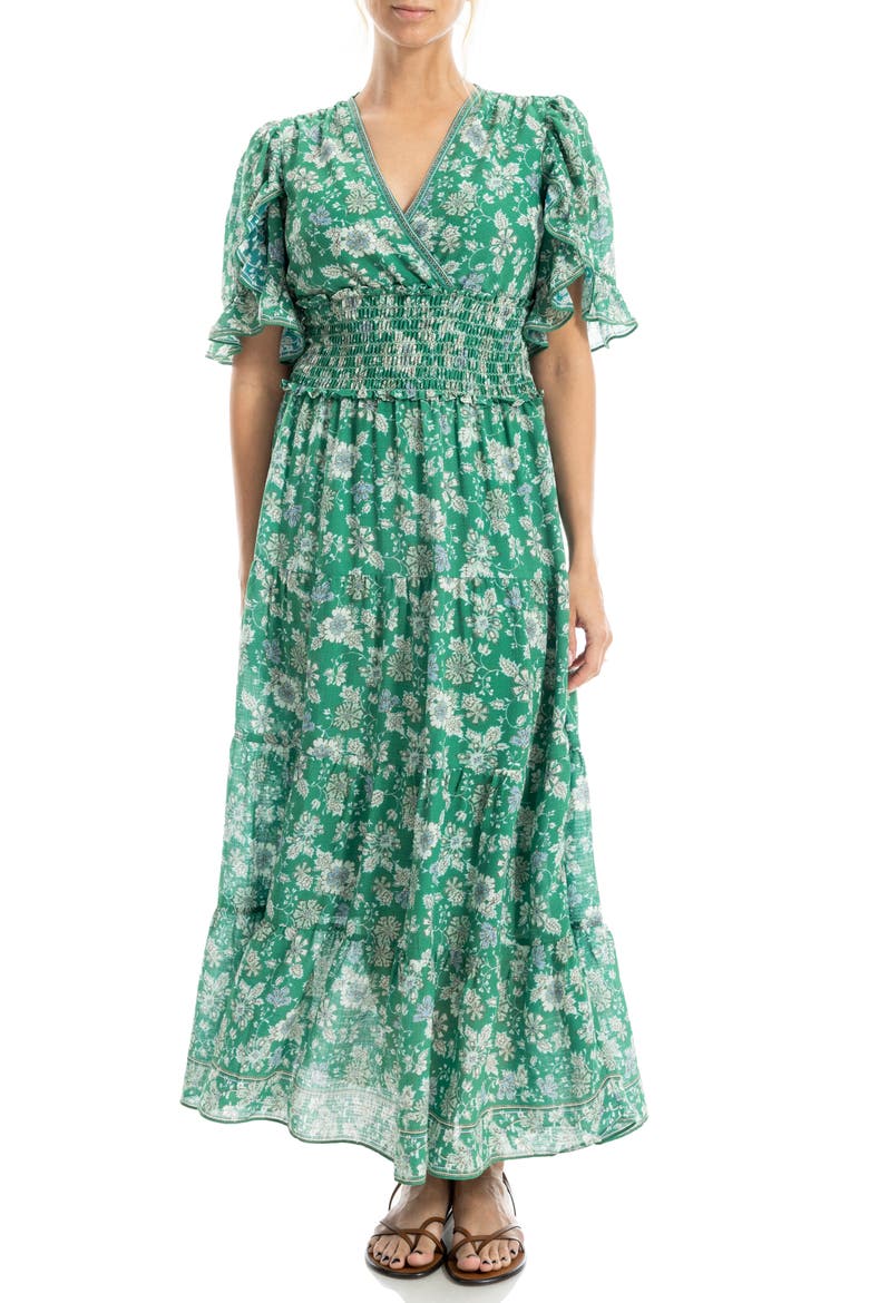 V-Neck Flutter Sleeve Smocked Waist Maxi Dress, Alternate, color, GREEN LARGE FLORAL