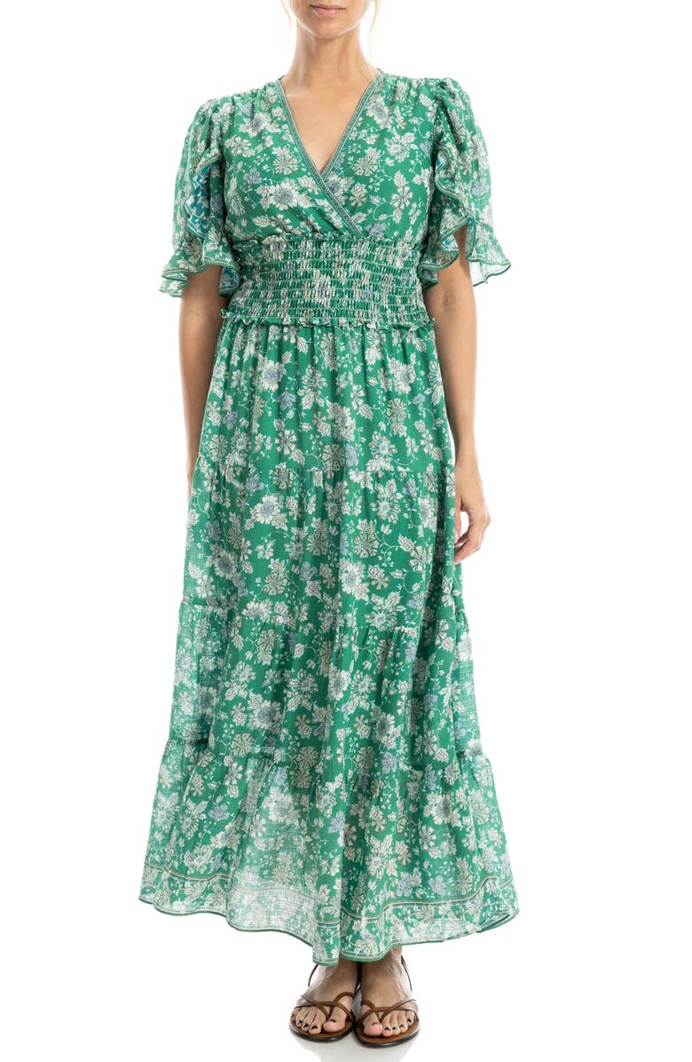 MAX STUDIO V-Neck Flutter Sleeve Smocked Waist Maxi Dress, Alternate, color, Green Large Floral