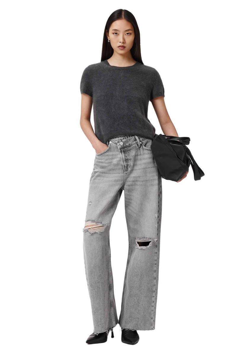 AllSaints Aki Crossover Ripped Raw Hem Wide Leg Jeans, Alternate, color, Destroy Grey