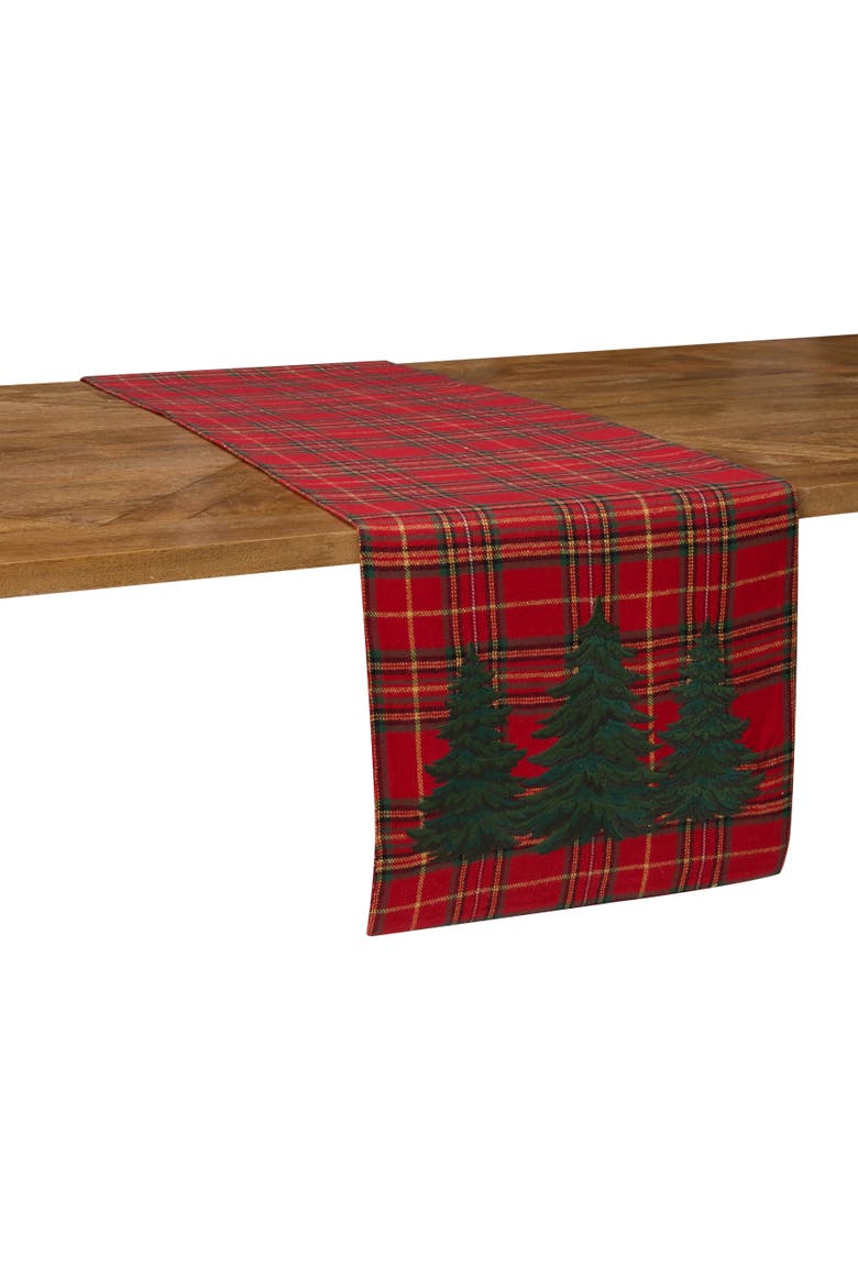 Spruce Pine Tree Embroidery on Plaid Runner 14" x 72", Alternate, color, Green