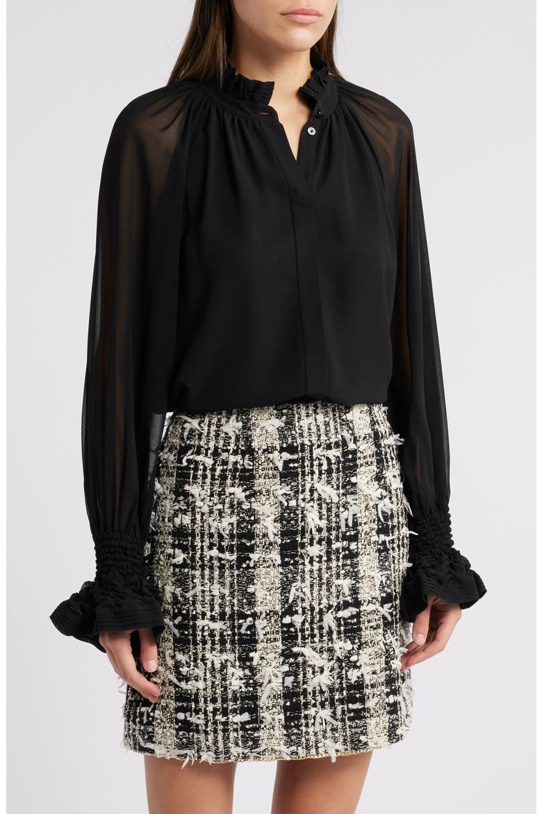 Effie Shirred Ruffle Neck Chiffon Top, Main, color, BLACK