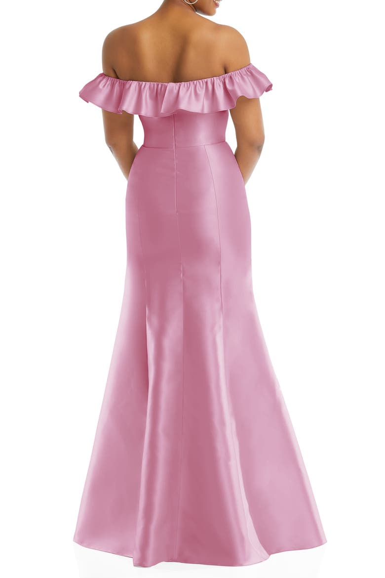 Off the Shoulder Ruffle Satin Trumpet Gown, Alternate, color, POWDER PINK
