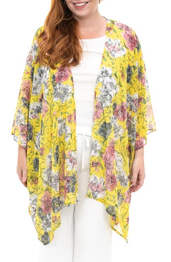 Shop Nina Leonard Semi Sheer Open Front Topper In Yellow Multi
