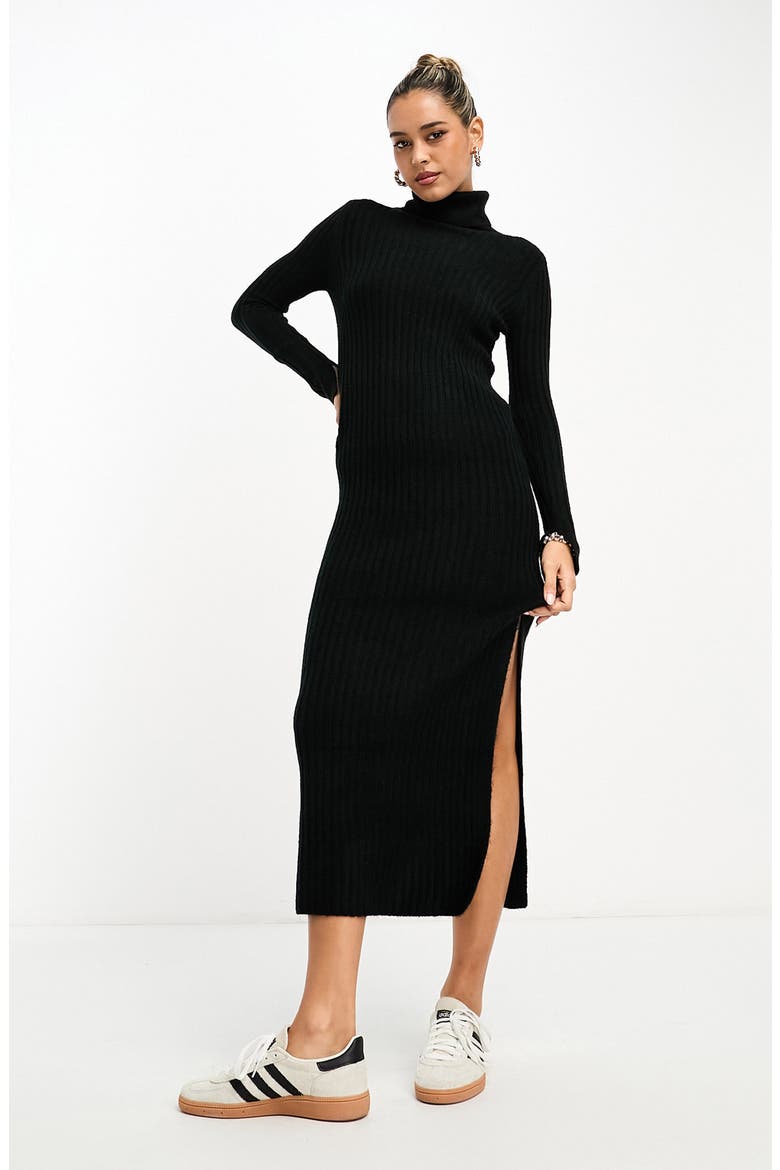 Ribbed Long Sleeve Sweater Dress, Main, color, BLACK
