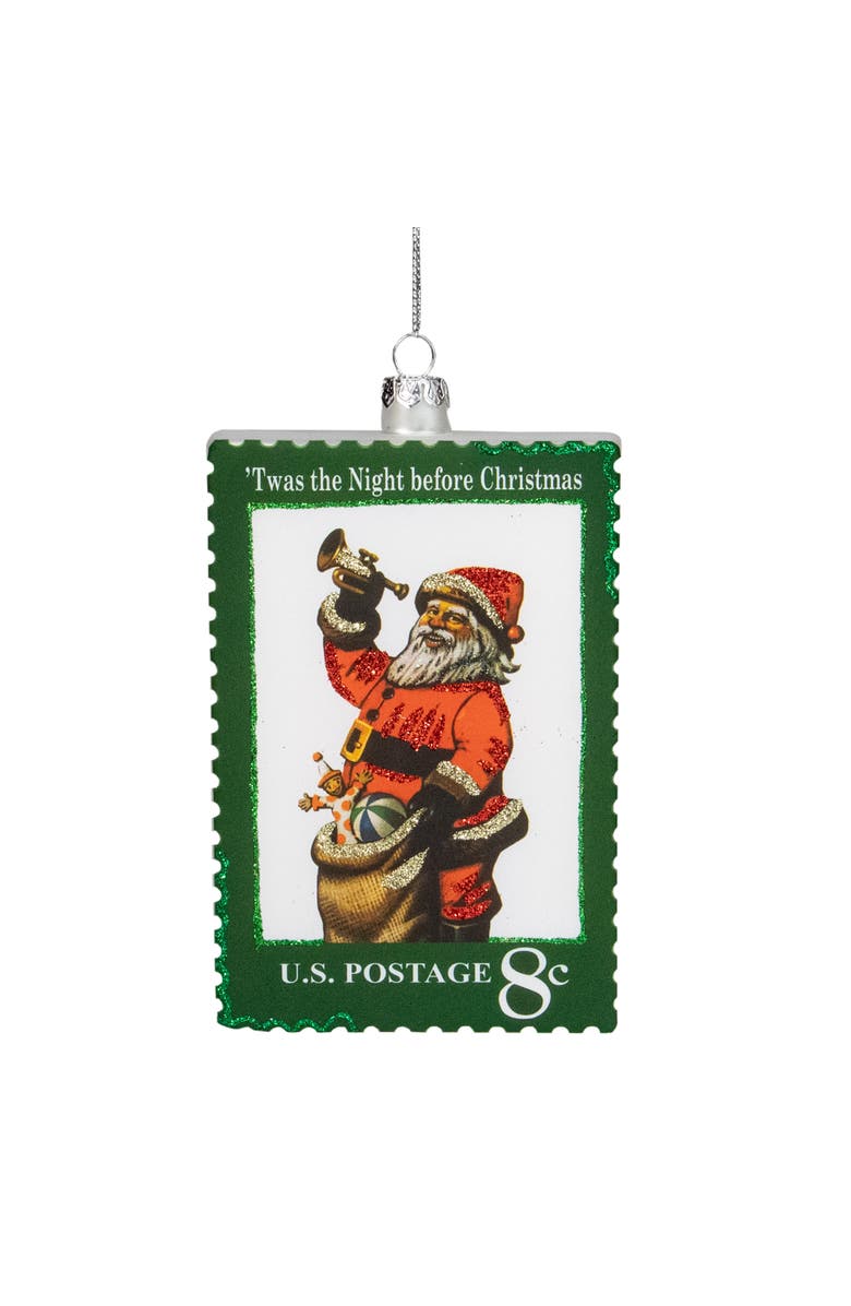 Northlight USPS Santa Stamp "Twas The Night Before Christmas" Glass Christmas Ornament - 3.5" - Green, Main, color, Green