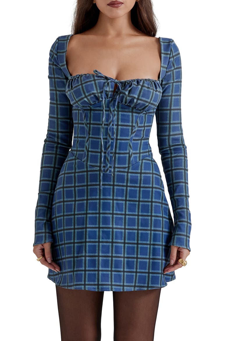Malika Long Sleeve Cocktail Minidress, Alternate, color, BLUE TARTAN PRINT