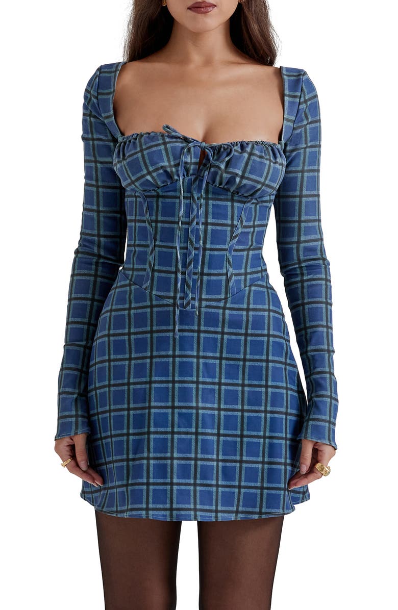 HOUSE OF CB Malika Long Sleeve Cocktail Minidress, Alternate, color, Blue Tartan Print