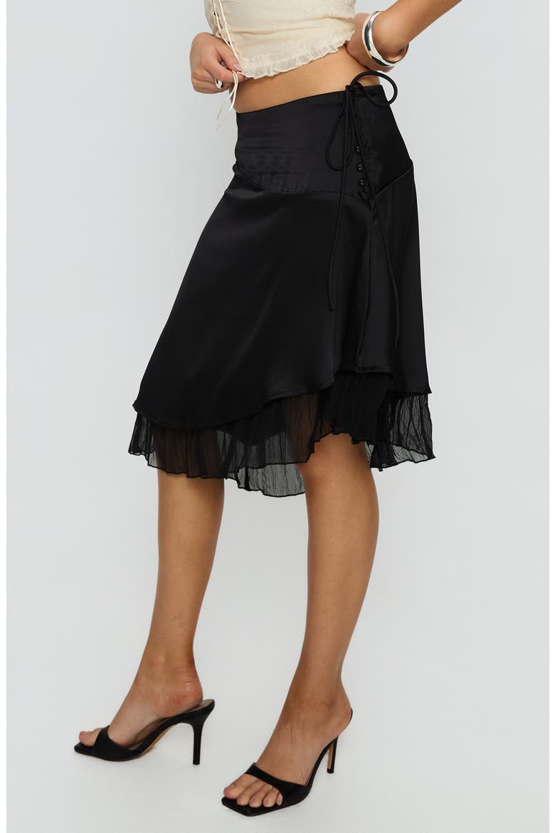 Rosemead Chiffon Trim Satin Midi Skirt, Alternate, color, BLACK