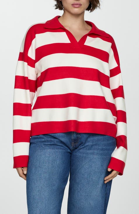 So Me Floral Stripe Polo Collar Sweater For Women Casual
