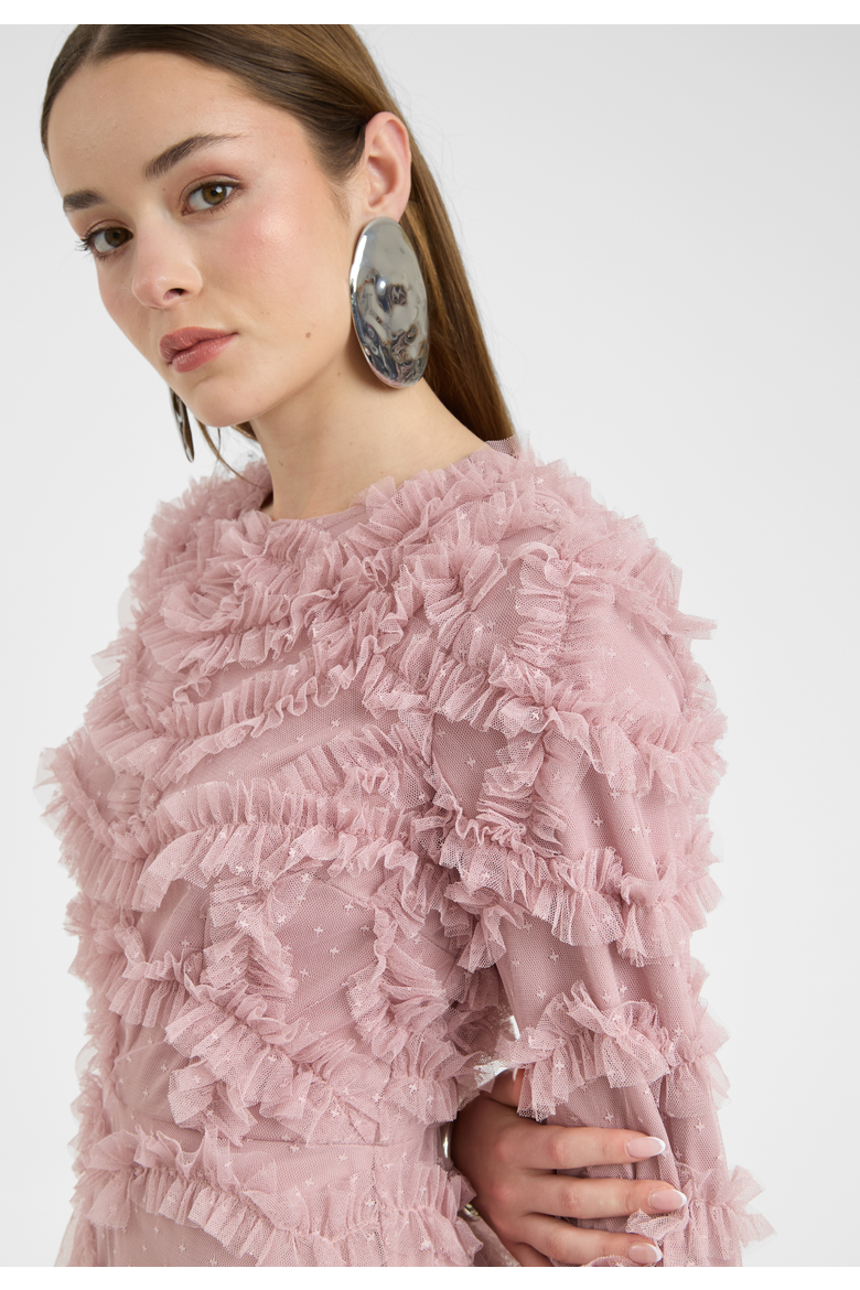 Modest Ruffle Dress Maxi With Self Print Mesh, Alternate, color, FROSTED PINK