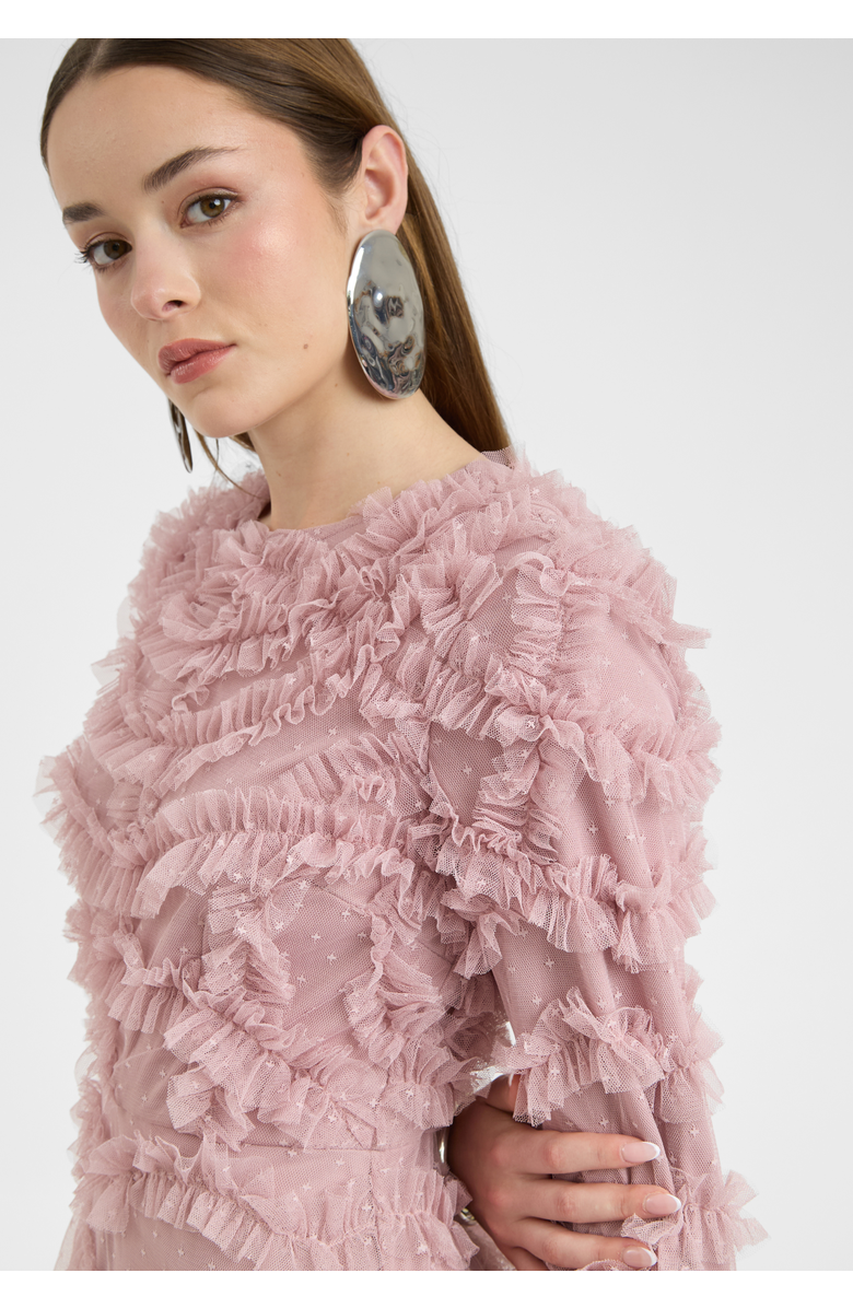 MARYISA Modest Ruffle Dress Maxi With Self Print Mesh, Alternate, color, Frosted Pink