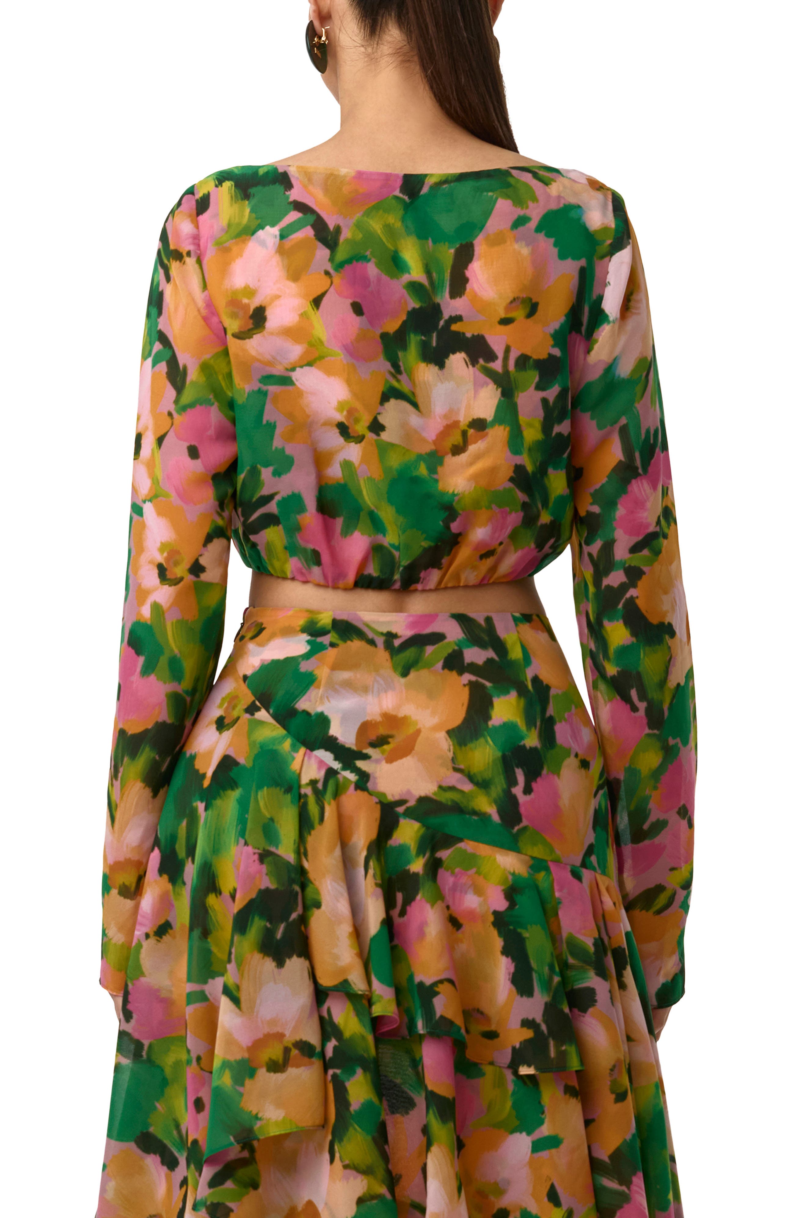 crop top long sleeve dress Naked Wardrobe Women's Floral Long Sleeve Chiffon Crop Top - Green