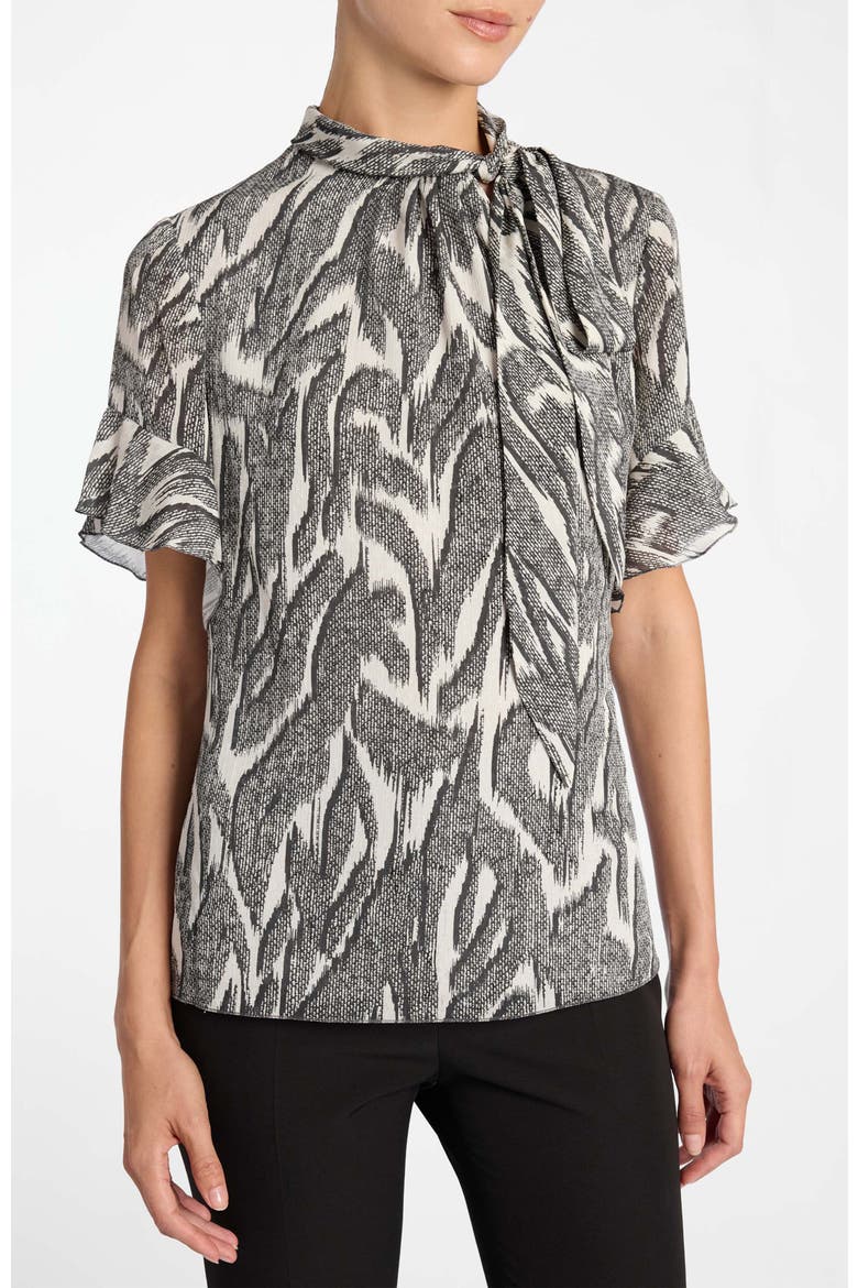 Athena Tie Neck Blouse with Short Flutter-Sleeves, Alternate, color, Onyx Multi