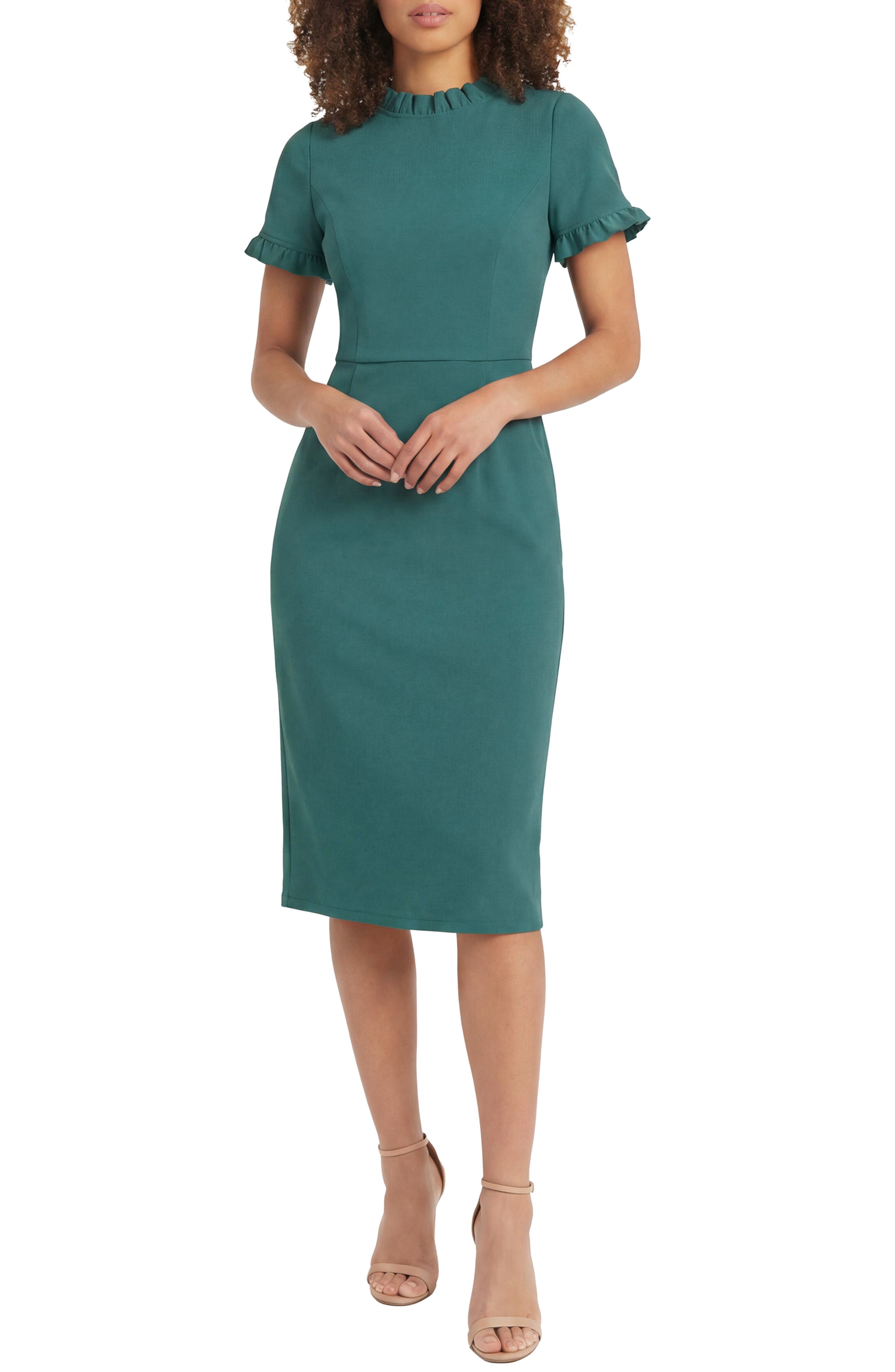 Maggy London Ruffle Short Sleeve Pocket Sheath Dress