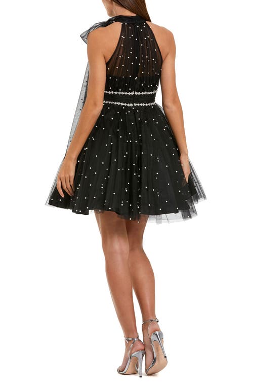 Mac Duggal Pearl Embellished Tulle Tie Neck A Line Mini Dress In Black