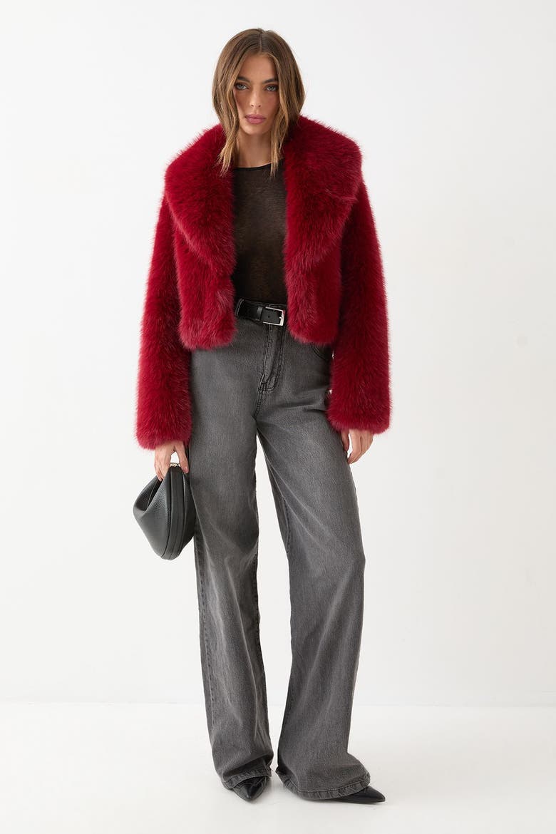 Faux Fur Cropped Collar Coat, Alternate, color, Red