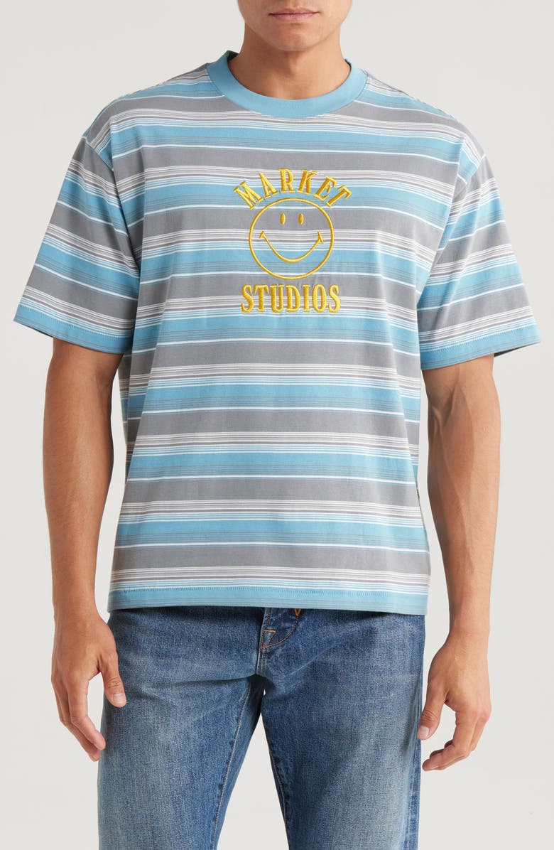 MARKET SMILEY<sup>®</sup> Lockup Embroidered Stripe Cotton T-Shirt, Main, color, Tranquil Blue