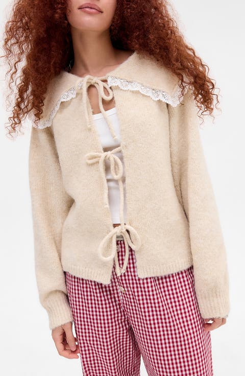 Lace Trim Tie Front Cardigan