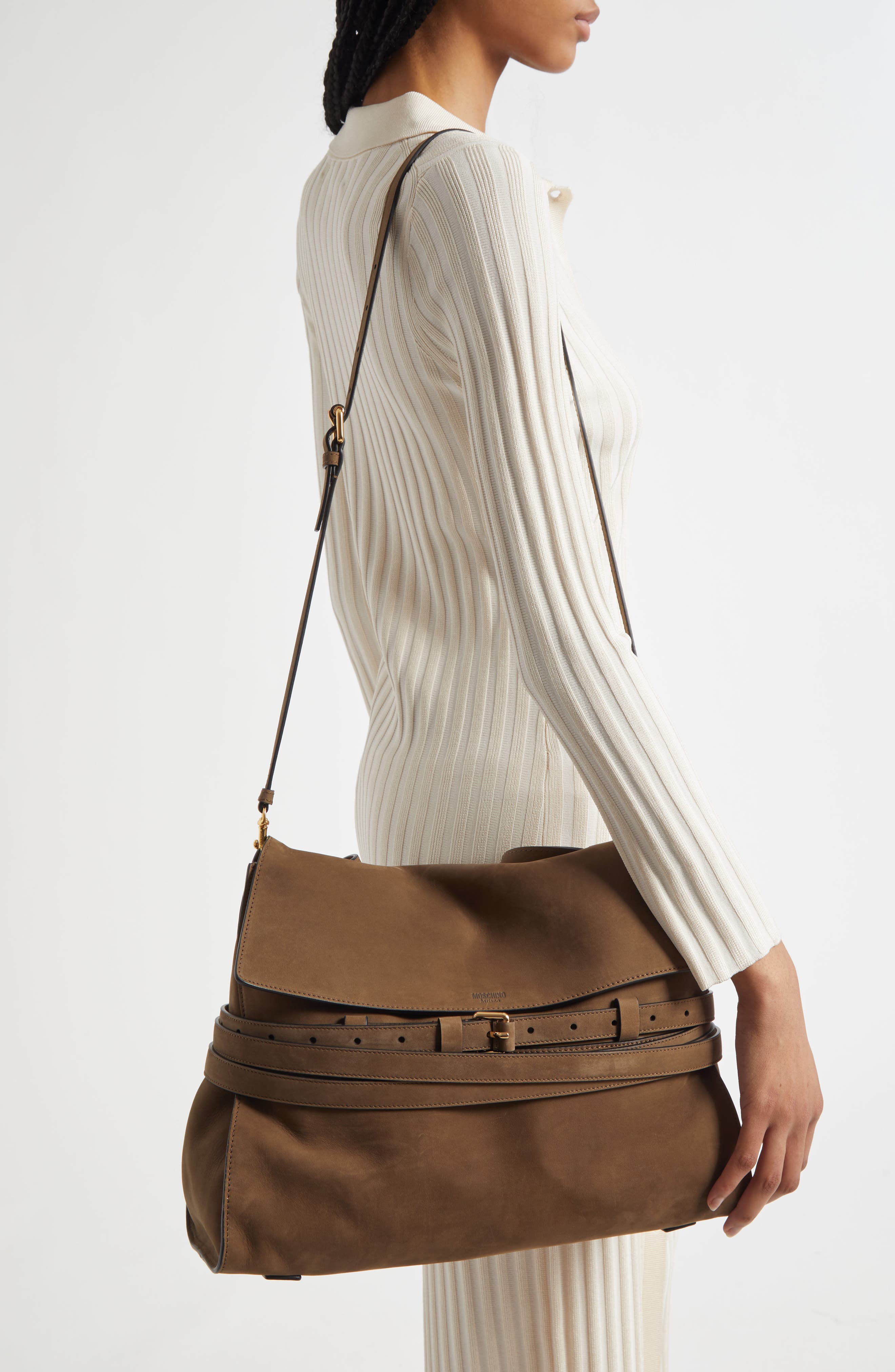 Moschino Medium Tie Me Suede Shoulder Bag, Alternate, color, Forest