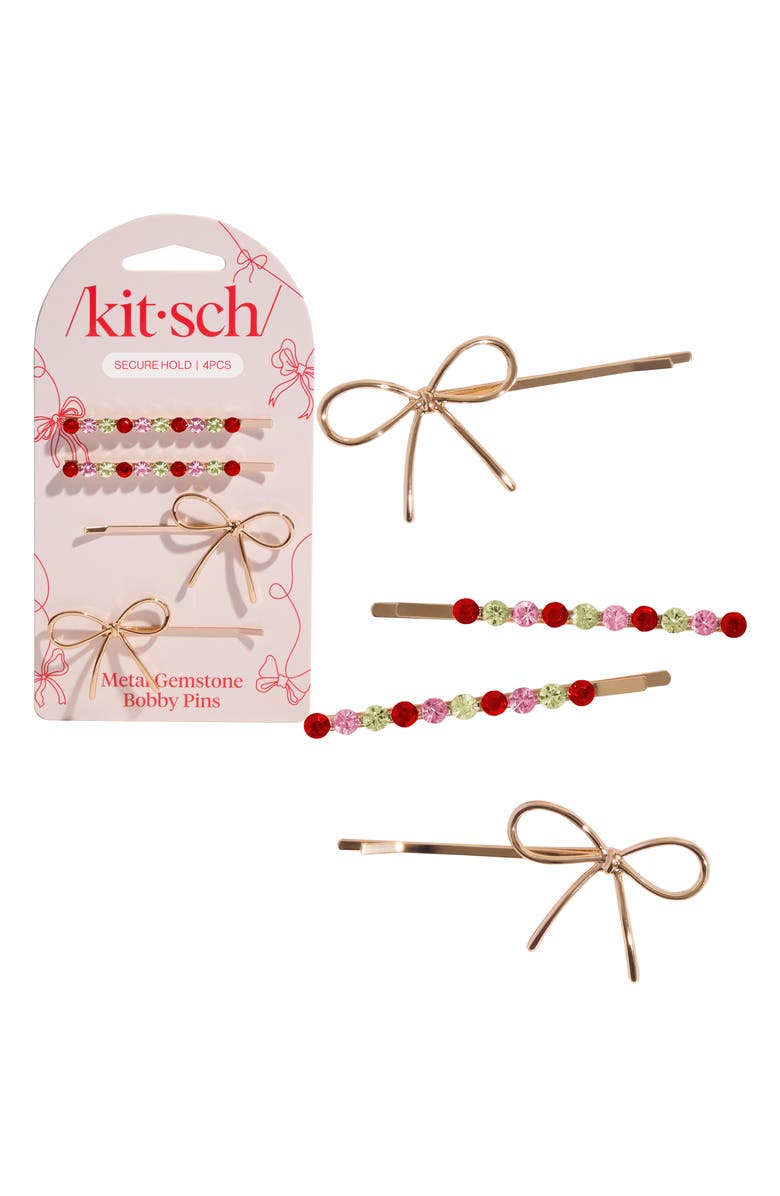 Kitsch 4-Pack Rhinestone & Bow Bobby Pins, Alternate, color, Gold