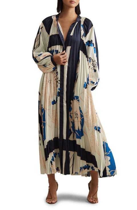 Daiya Floral Long Sleeve Pleated Maxi Shirtdress
