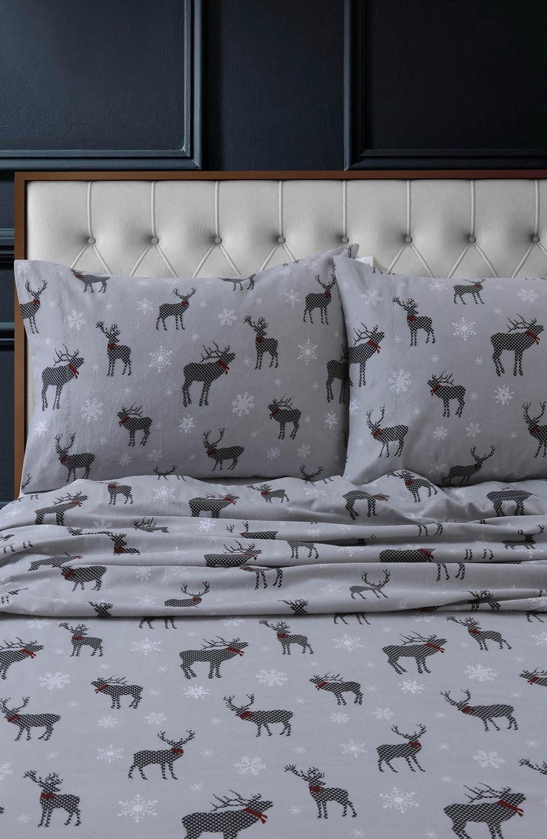 AZORES HOME Checkered Buck Cotton Flannel Sheet Set, Main, color, Grey