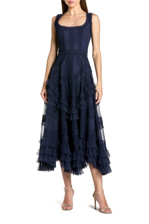 Scoop Neck Sleeveless Mesh Micro Ruffle Midi Dress