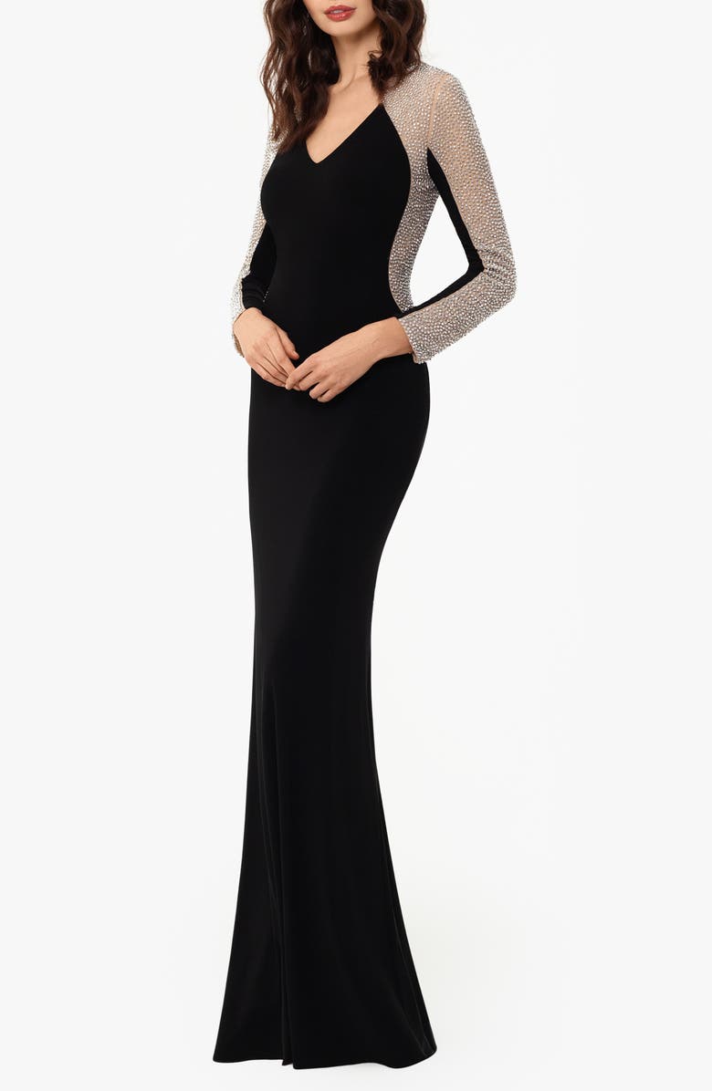 Xscape Evenings Wren Crystal Beaded Long Sleeve Jersey Gown, Alternate, color, 