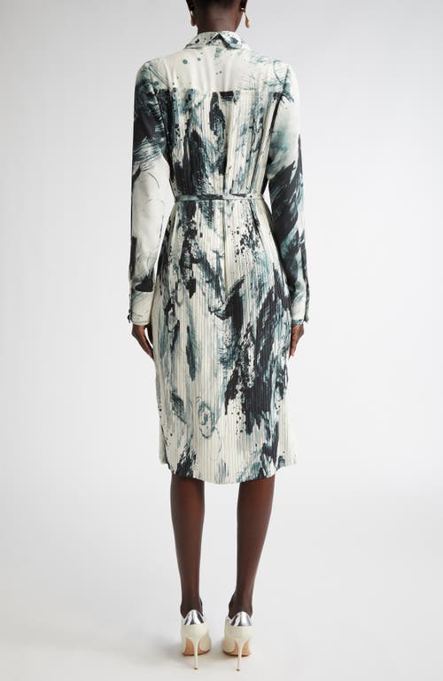 JASON WU COLLECTION JASON WU COLLECTION BRUSHSTROKE PRINT LONG SLEEVE PLEATED GEORGETTE SHIRTDRESS