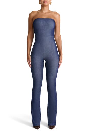 Naked Wardrobe Strapless Bootcut Stretch Cotton Jumpsuit In Blue