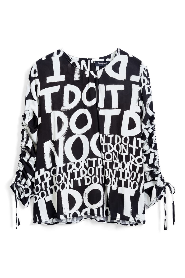 Lettering Ruched Sleeve Top, Alternate, color, BLACK
