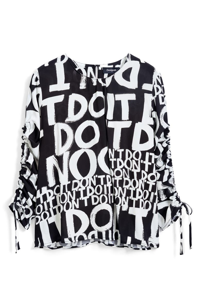 Desigual Lettering Ruched Sleeve Top, Alternate, color, Black