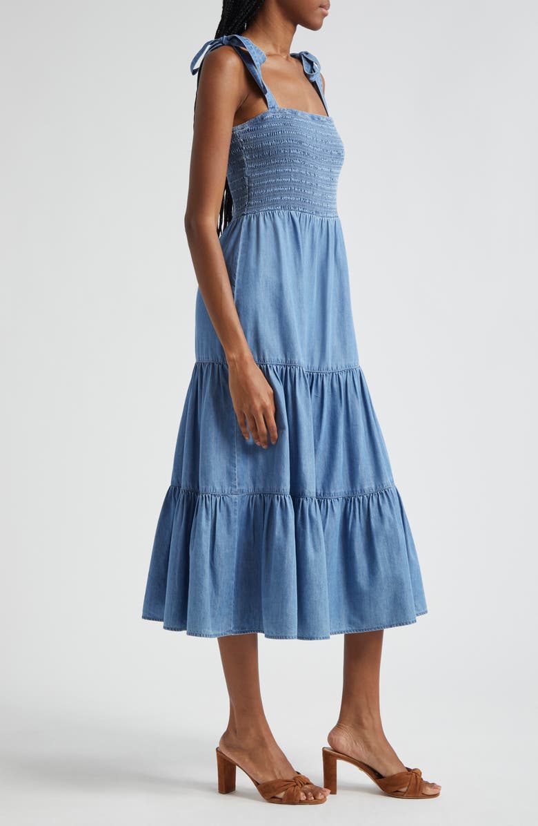 Veronica Beard Tola Tiered Cotton Blend Chambray Midi Sundress, Alternate, color, 